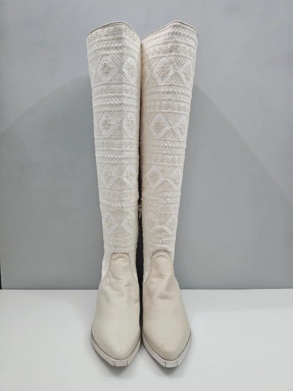 Free People Bren Knee High Boot Womens EU 36 Cream Embroidered Boho Slouchy